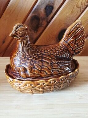 Vintage Brown Glazed Pottery Hen on Nest Covered Dish / Hen Basket Dish
